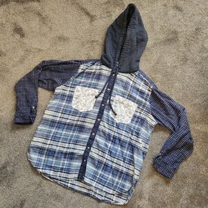 American Eagle Blue Plaid Shirt with Floral Accents